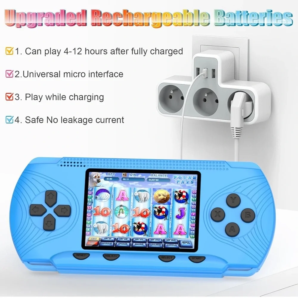 Retro handheld gaming console, 3.5 inch HD screen, 256 built in games. Blue